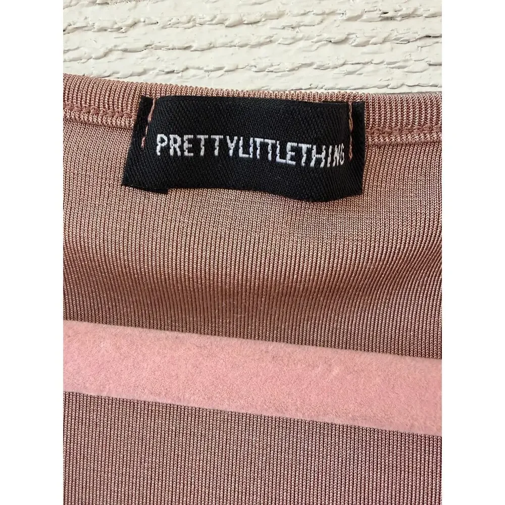 PrettyLittleThing Taupe Ribbed Tie Front Crop Top Long Sleeve Size S - Picture 4 of 4